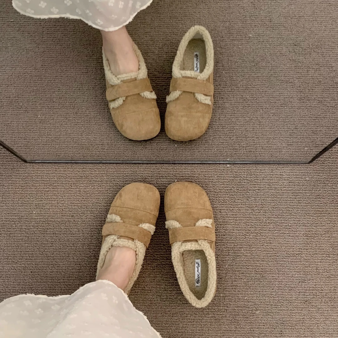 晚晚风奶茶杏加绒勃肯鞋外穿秋冬一脚蹬丑萌深口休闲保暖豆豆棉鞋