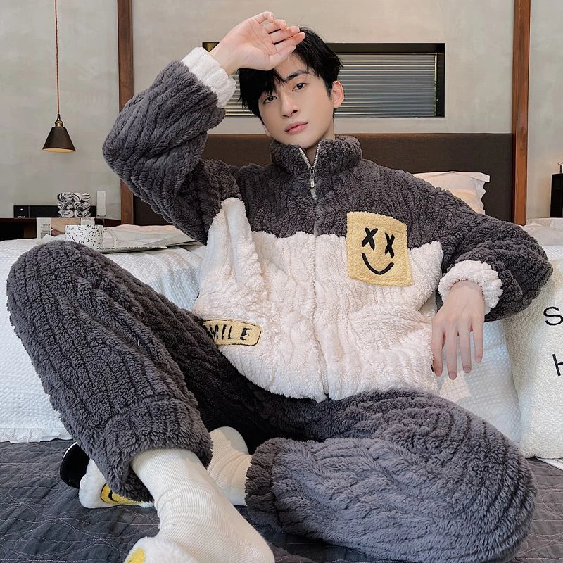 睡衣男珊瑚绒秋冬季加绒加厚男生拉链保暖法兰绒男士冬天款家居服