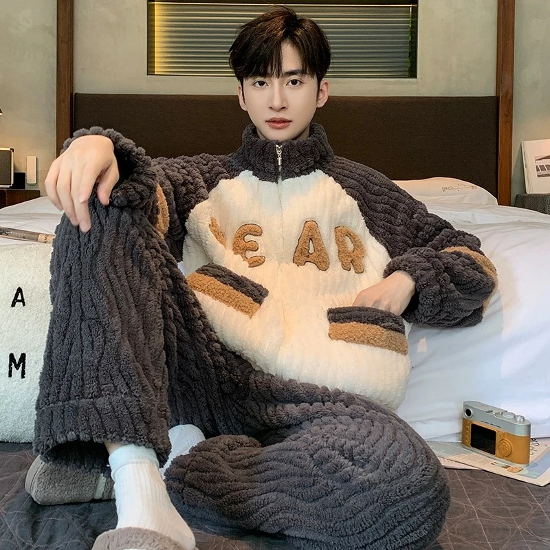 2023秋冬季新款珊瑚绒睡衣男士加厚加绒男款青少年冬款家居服男生