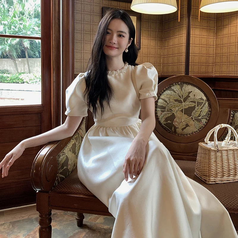 NEW OPEN名媛连衣裙女温柔绝美珍珠领浅色高腰泡泡袖裙子礼服长裙