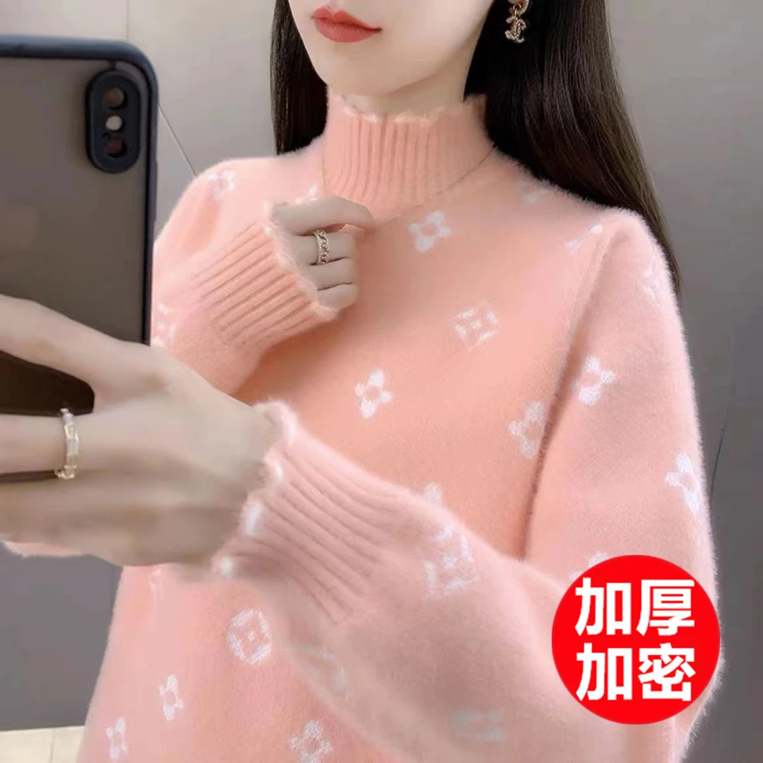 水貂绒毛衣女2025秋冬新款加绒加厚宽松时尚洋气半高领针织打底衫