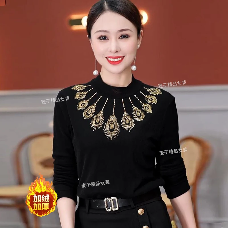 时尚半高领加绒加厚保暖显瘦打底衫2024新款时尚重工烫钻显瘦上衣