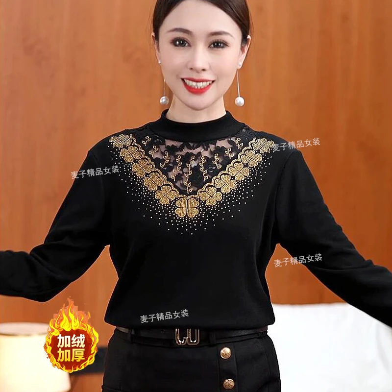 冬季新款百搭烫钻显瘦遮肉小衫时尚加绒加厚保暖半高领长袖打底衫