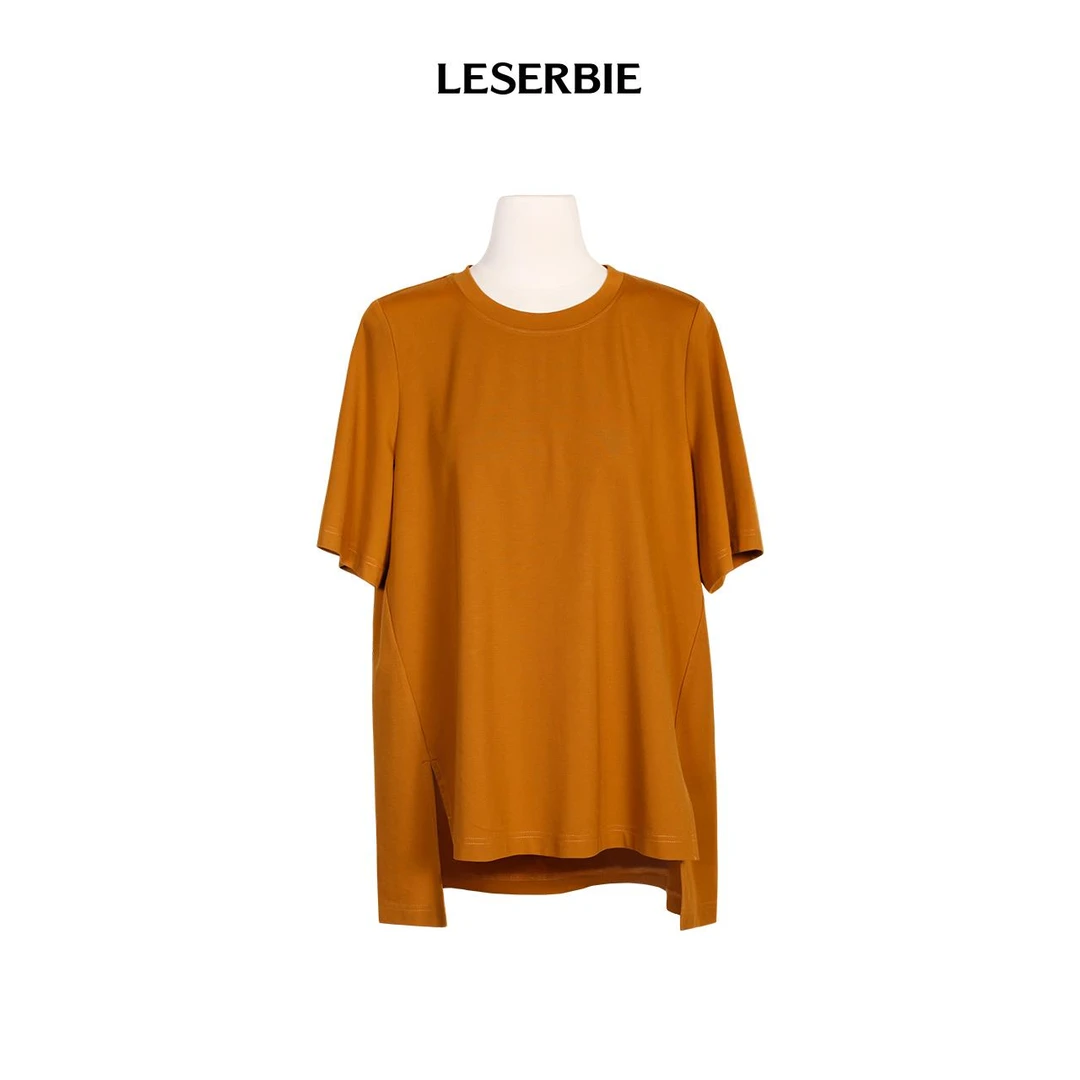 LESERBIE奕色气质舒适前短后长开叉圆领T恤