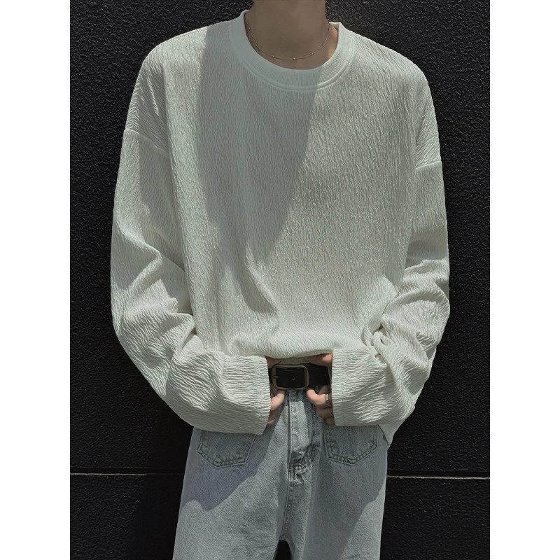 白色肌理感长袖t恤男秋季褶皱设计感圆领上衣cleanfit内搭打底衫