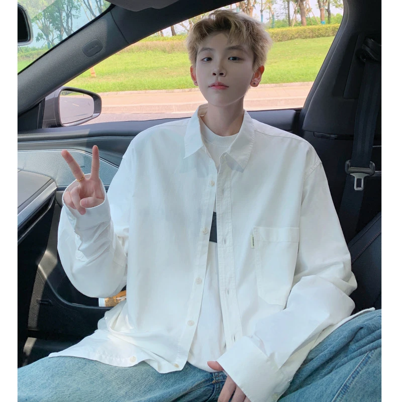 白衬衫男士长袖早秋新款港风日系休闲高级感痞帅潮牌外穿廓形衬衣