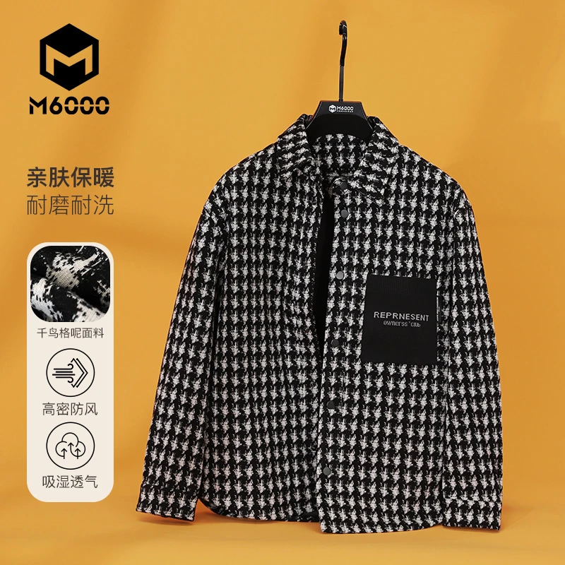 M6000男装翻领千鸟格夹克秋冬新款休闲时尚格纹宽松衬衫式外套