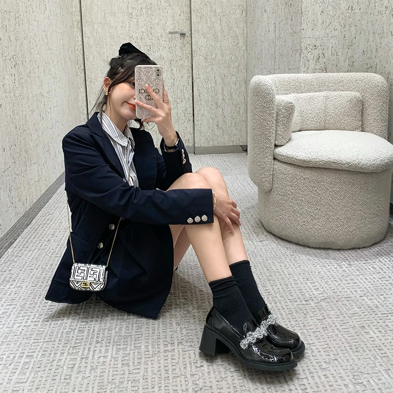 2025秋季新款JK风水晶冰花高跟单鞋方头小皮鞋女乐福鞋厚底女黑色