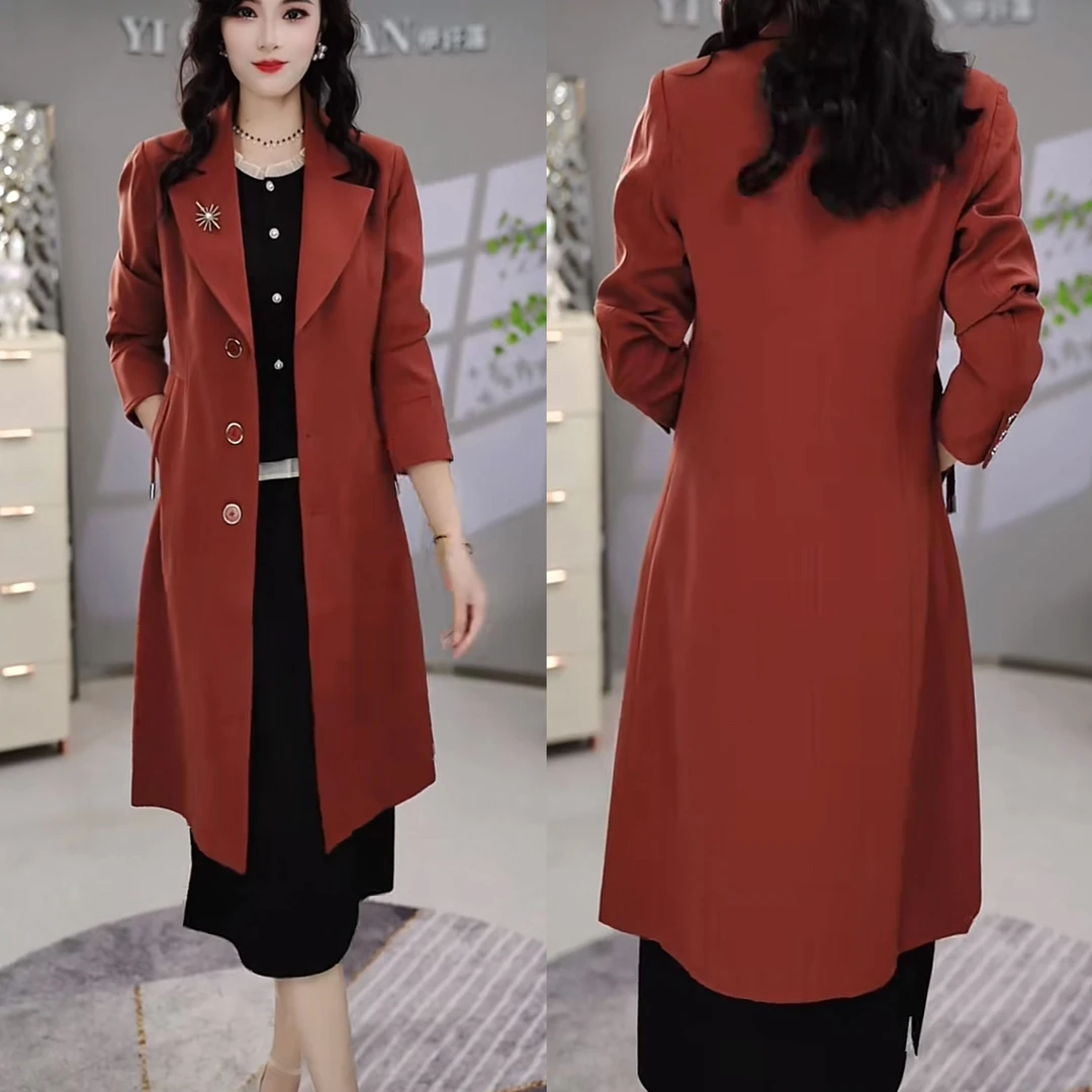 2024年秋季新款时尚百搭高级纯色西装领显瘦设计感简约中长款风衣