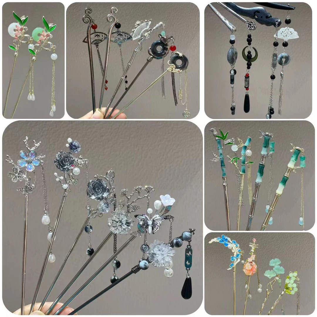 新中式水墨花朵发簪女古风发钗后脑勺盘发簪子女现代简约汉服配饰