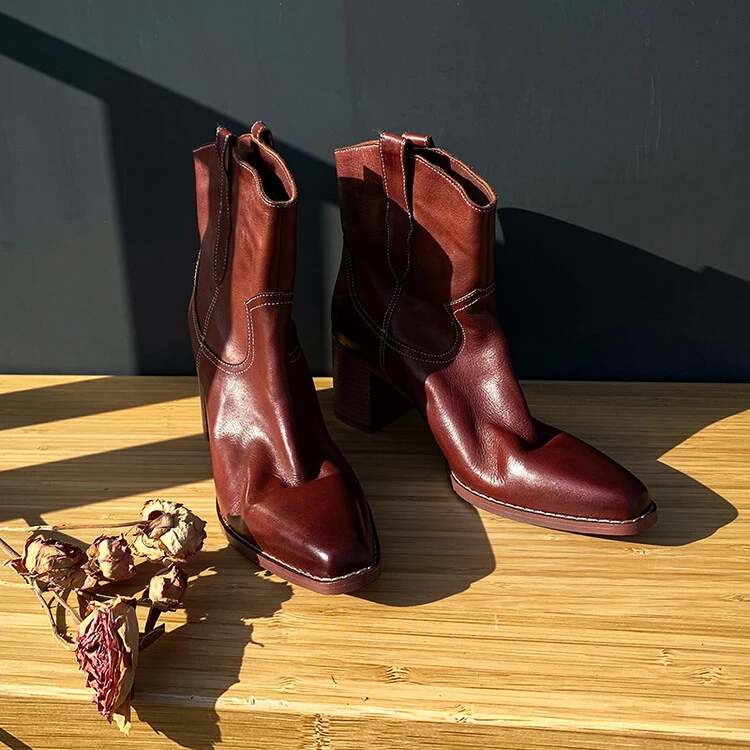 复古纯手工马皮方头固特异牛仔靴擦色女鞋真皮欧美骑士尖头圆头