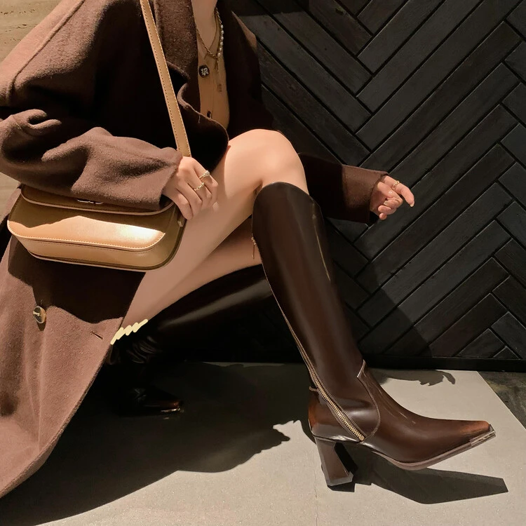 时尚百搭秋冬厚底高筒靴棕色真皮粗跟高跟骑士方头长筒瘦瘦靴