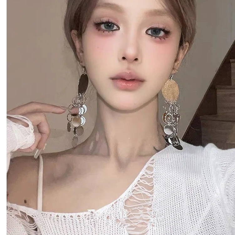 合金耳饰 夸张金属亮片流苏耳环欧美小众设计感耳坠气质长款耳饰