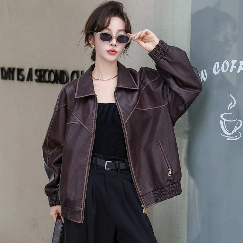 海宁新款擦色皮衣女外套秋季深咖翻领pu皮夹克百搭气质显瘦机车服