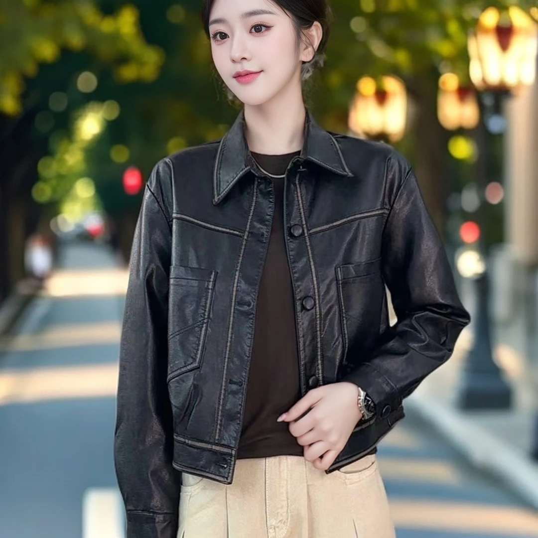 2025秋季新款皮衣外套女安哥拉红短款皮夹克百搭复古翻领机车服女