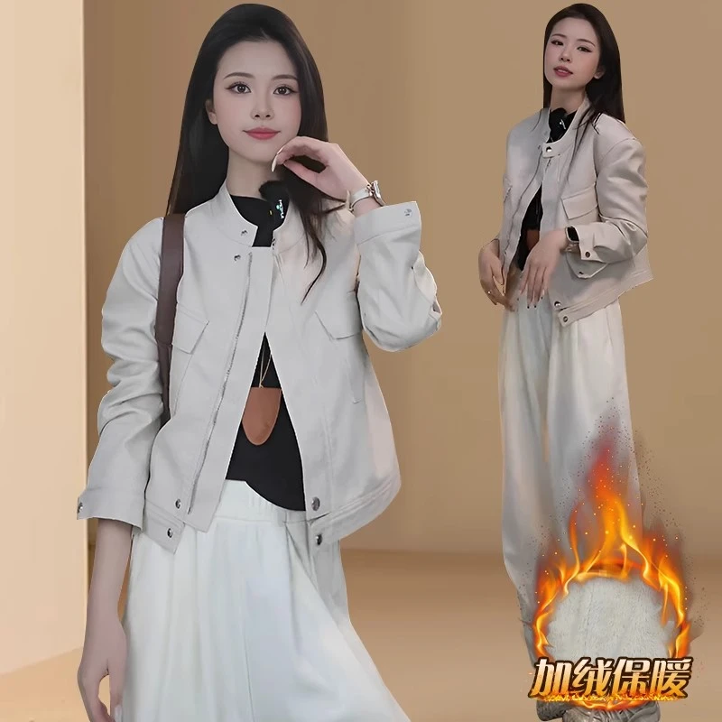 海宁加绒加厚皮衣外套女短款时尚pu皮夹克秋冬气质百搭工装机车服