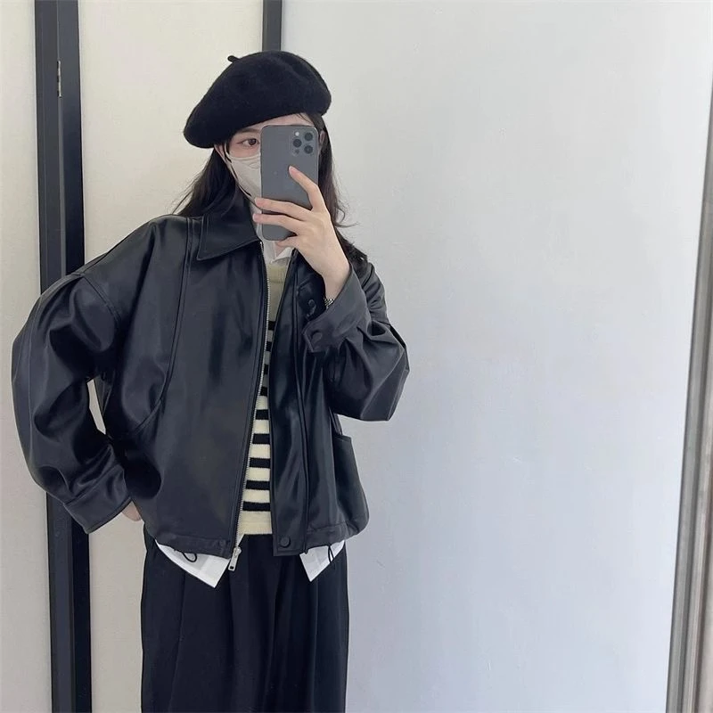 海宁大码微胖mm皮衣外套女秋季短款pu皮夹克百搭ins翻领上衣58815