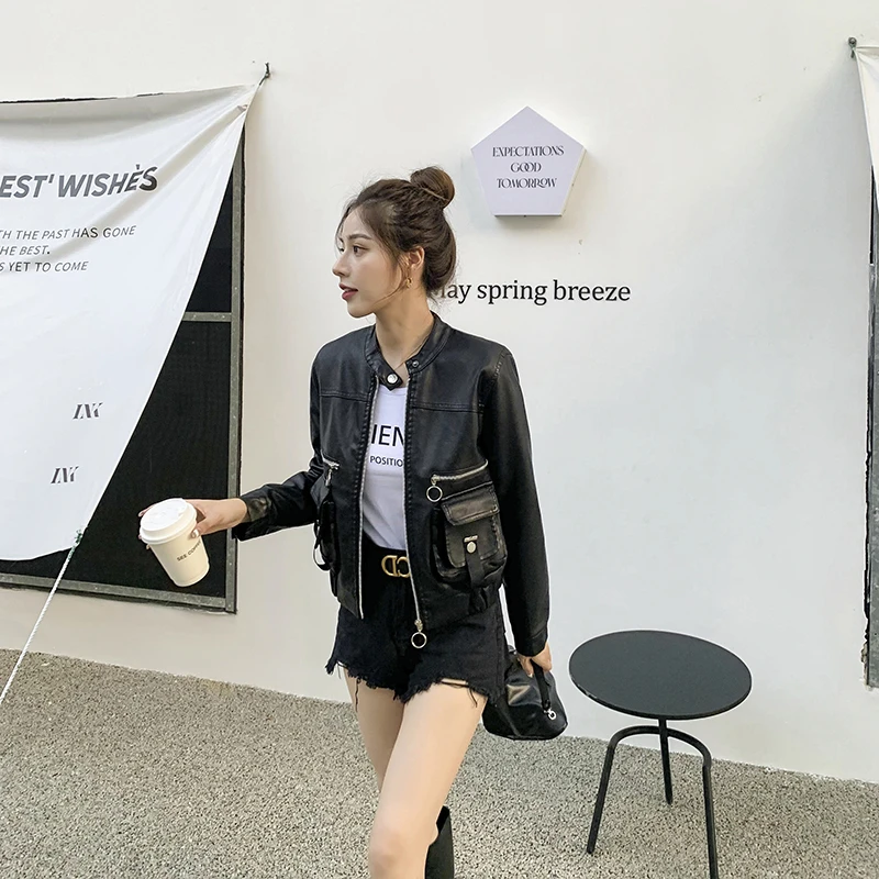 海宁短款春秋皮衣女外套软皮显瘦韩版宽松黑色PU皮夹克外套机车潮