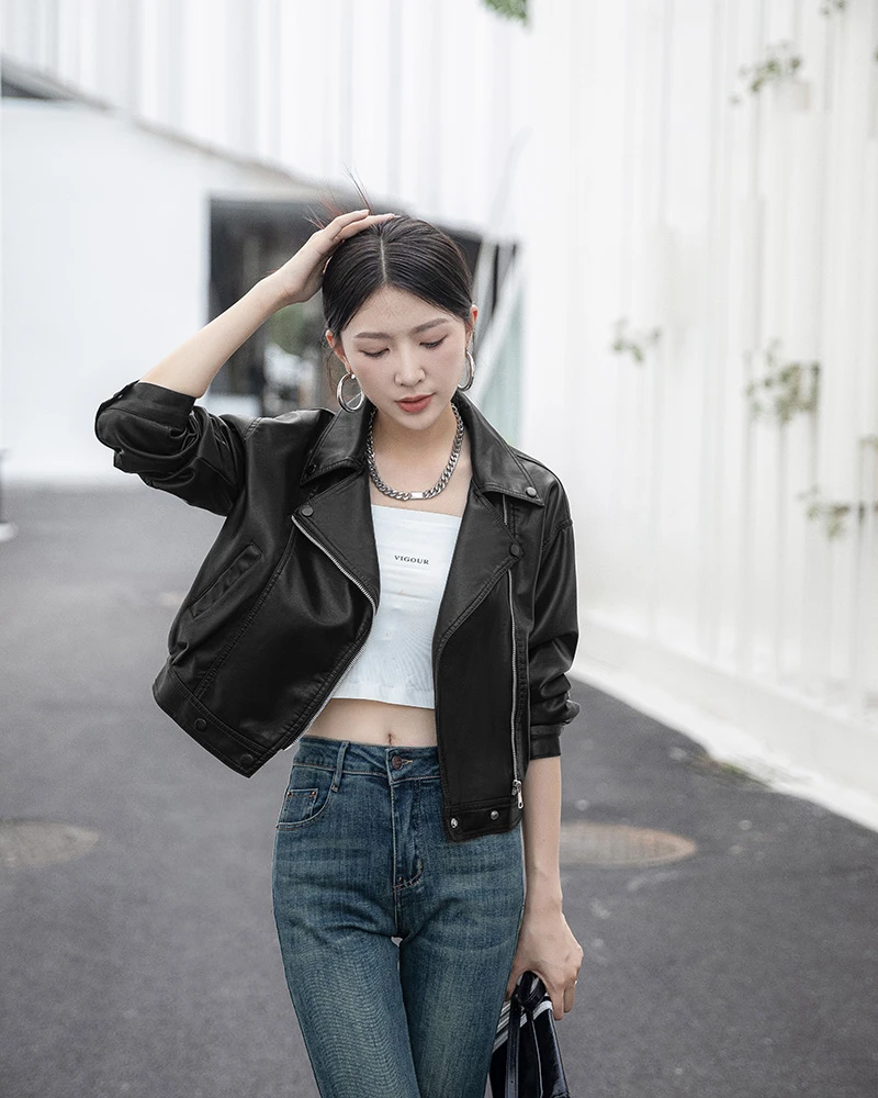 7011海宁皮衣外套女短款上衣高级感秋款洋气高腰机车服pu皮夹克