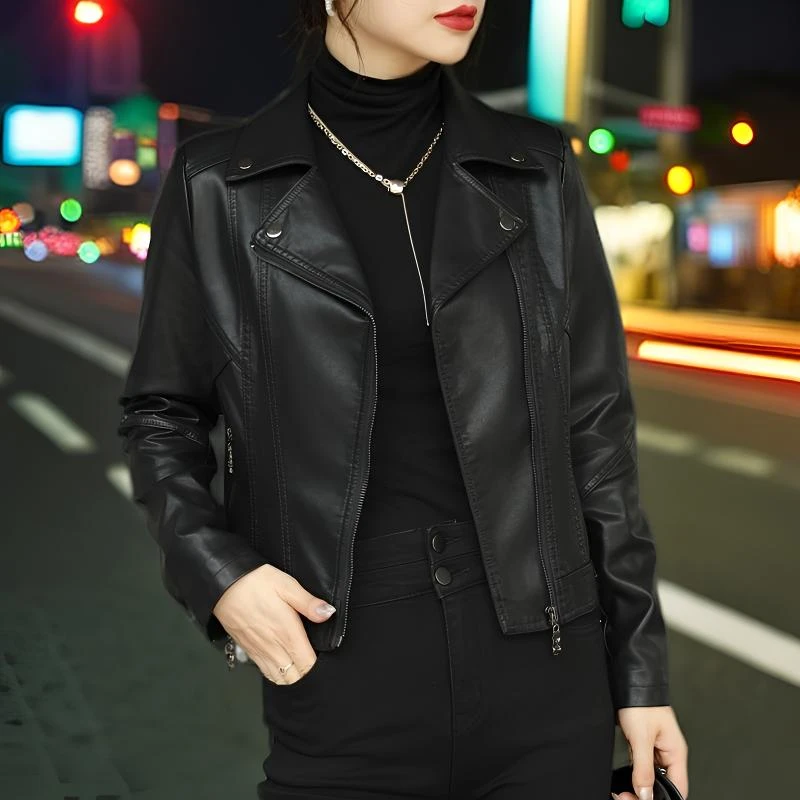 2025新款海宁大码皮衣外套女士短款修身pu皮夹克翻领百搭时尚上衣