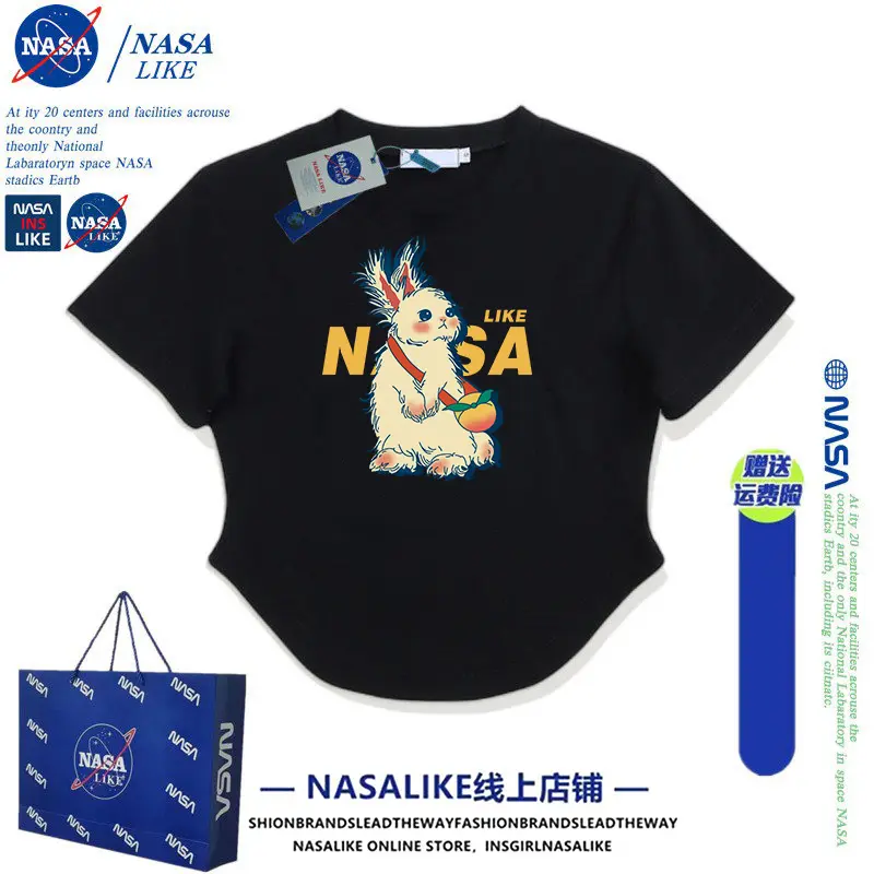 NASA联名正肩纯棉短袖t恤女装潮牌夏季网红款黑色短款辣妹上衣服