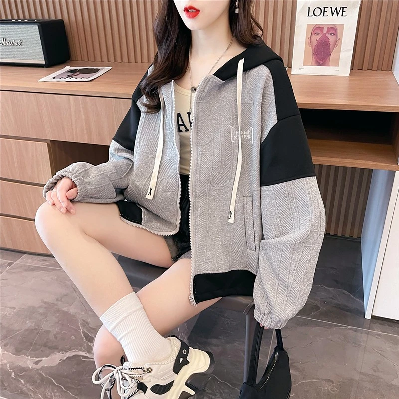 韩版提花连帽卫衣女春秋季宽松薄款撞色百搭小个子高级感开衫外套