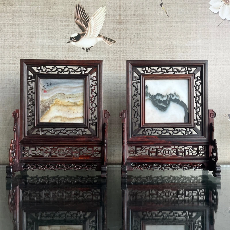 红木屏风插屏中堂摆件桌屏红酸枝大理石台屏木雕客厅装饰屏风摆件