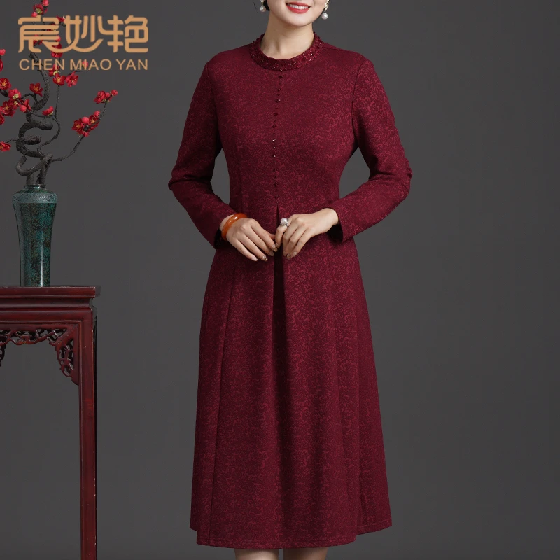 宸妙艳秋冬新款红色长袖妈妈礼服中长款复古国风气质丈母娘礼服