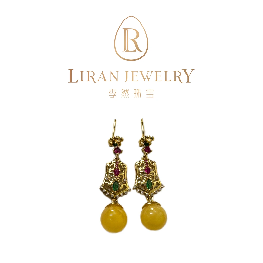 【然道珠宝】琥珀蜜蜡耳坠时尚气质复古国风优雅镶嵌款