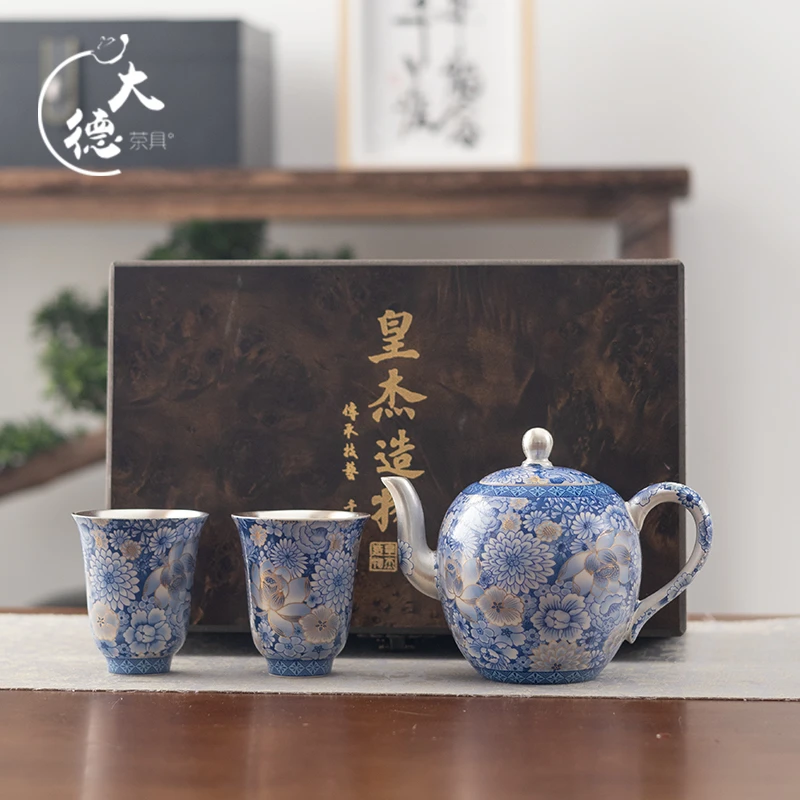 高档鎏银青花美人茶壶茶杯家用一壶两杯礼盒装陶瓷功夫茶具E516