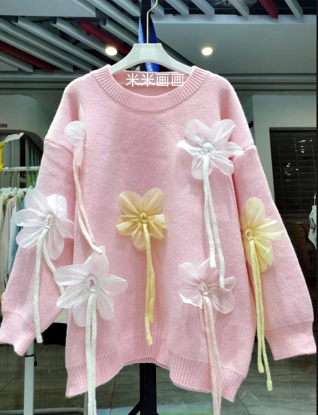加大版工厂原创加厚毛衣套头衫宽松慵懒风花朵可爱减龄打底衫女