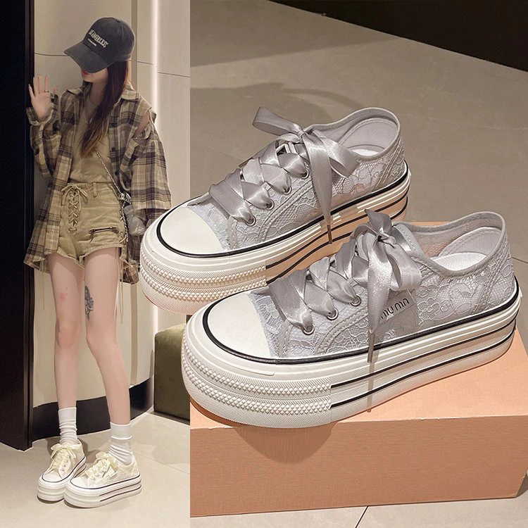 网面透气镂空小白鞋女2024年夏季新款系带百搭松糕厚底休闲板鞋