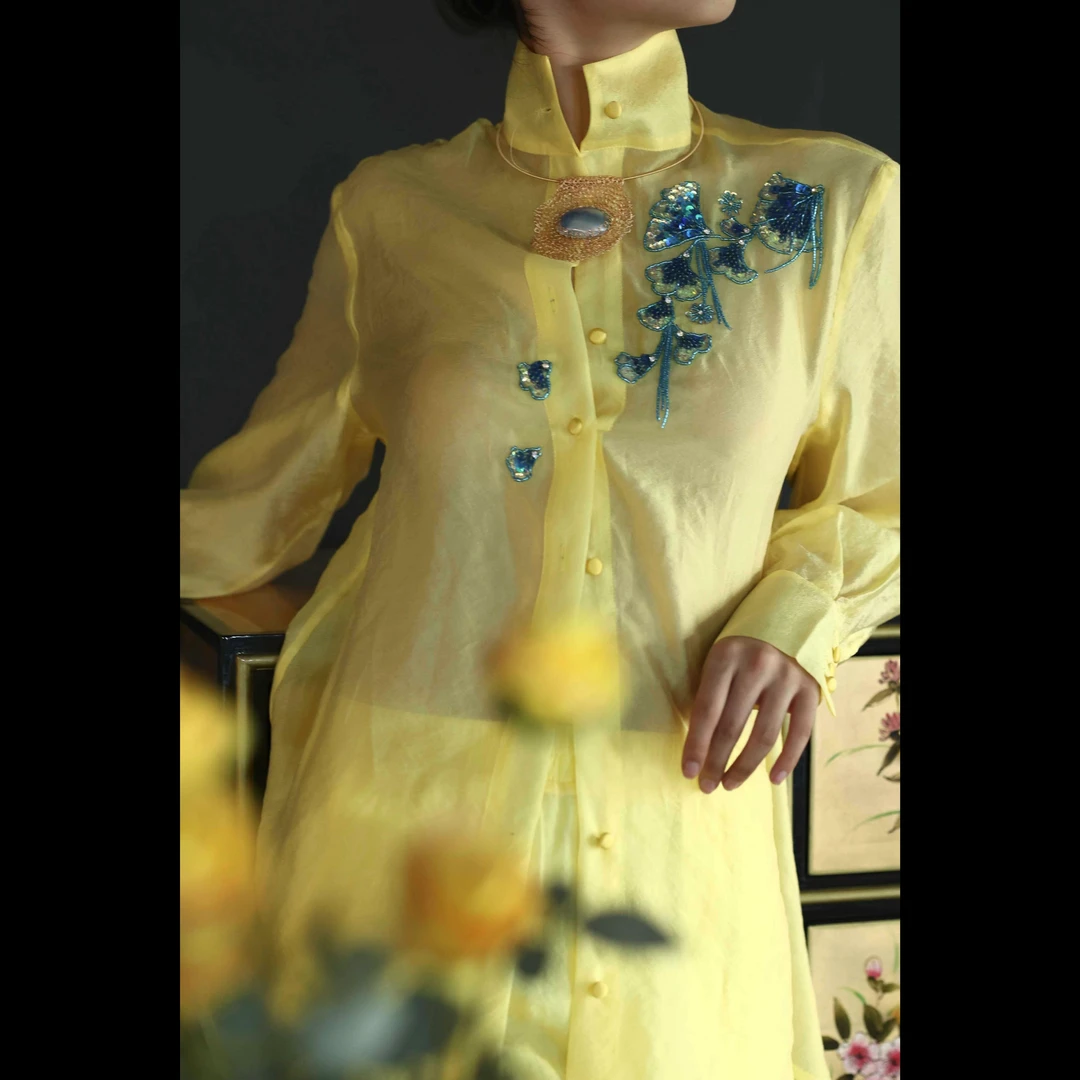 【蝶花流苏】XM夏季新款国风高定钉珠宽松百搭气质立领女士长袖上衣