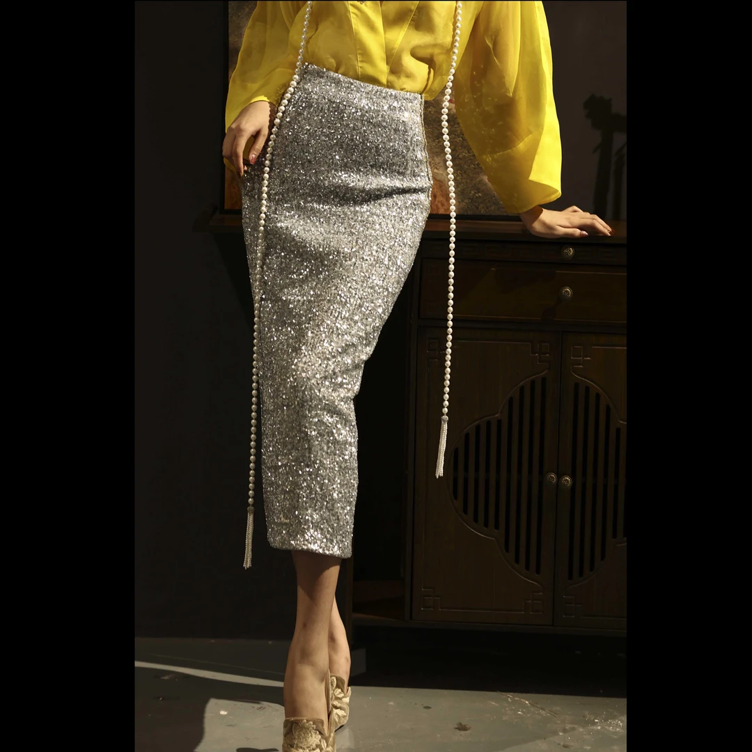 XM奢华高级银色亮片重工气质时尚百搭女士修身高腰半身裙