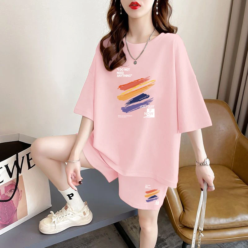 大码休闲运动风套装女夏季微胖mm显瘦遮肉活泼俏皮甜美减龄两件套