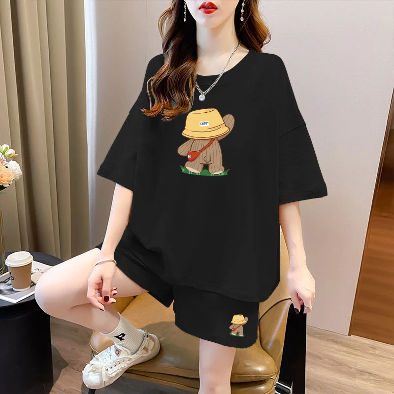 胖MM大码休闲洋气套装女夏季新款百搭宽松显瘦遮肉短袖短裤两件套