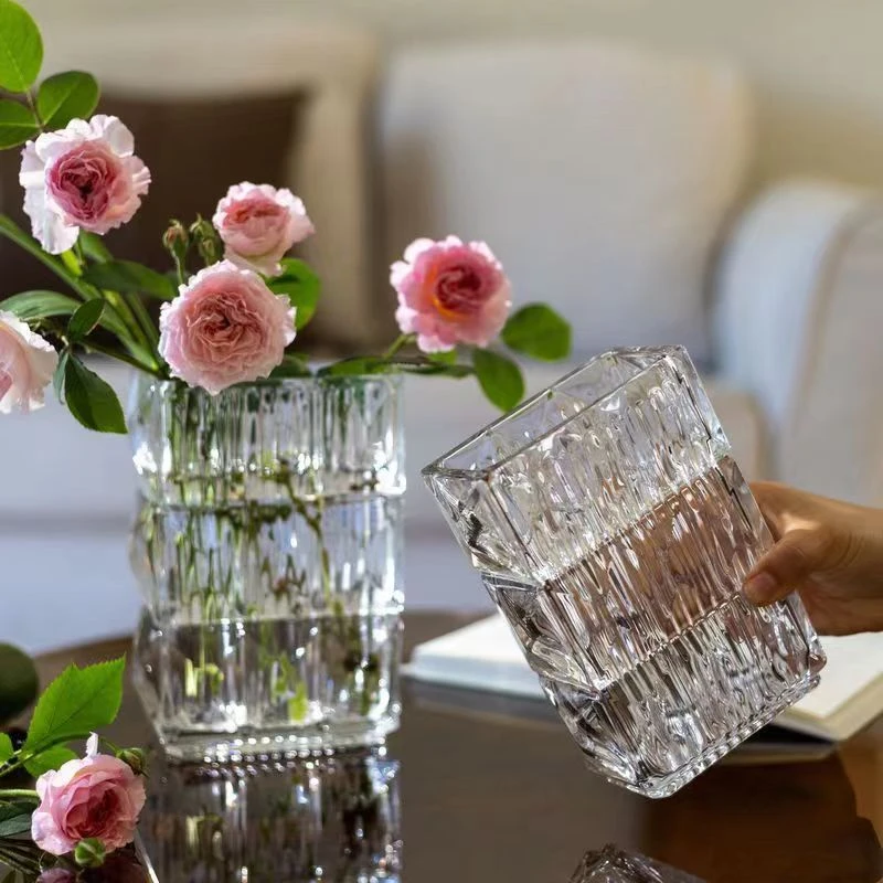 卢梭玻璃花瓶方形摆件客厅插花水培高端网红玫瑰鲜花透明高级感