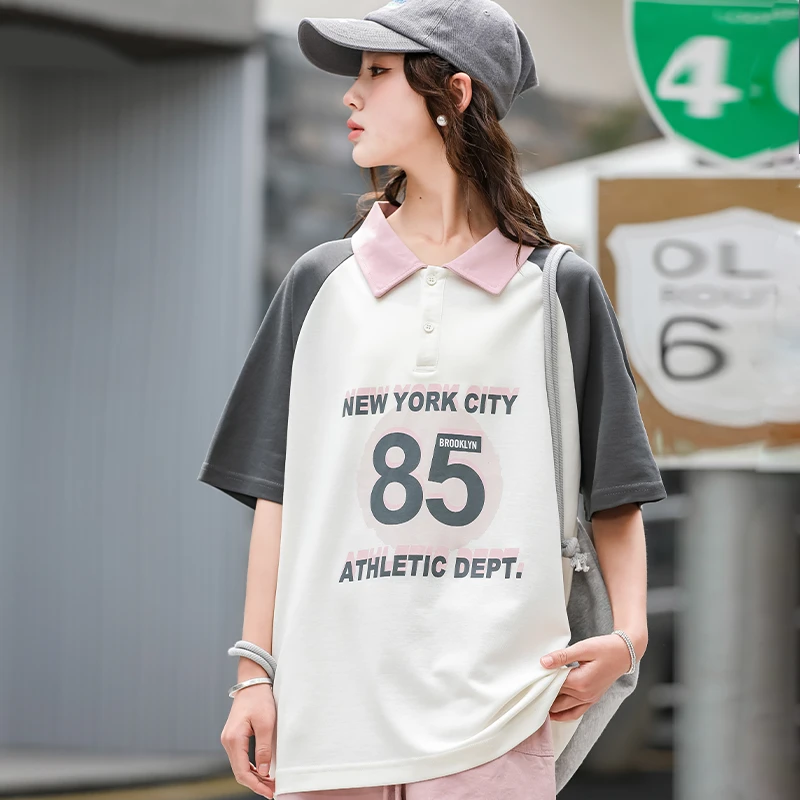 女童夏季翻领短袖t恤2024新款中大童洋气夏装上衣儿童宽松半袖潮