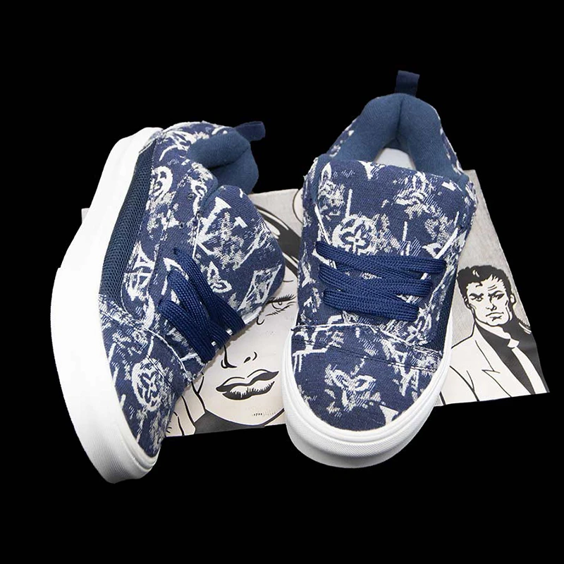 原创小众设计藏蓝色印花面包鞋男士女鞋秋季加厚鞋舌大码复古板鞋