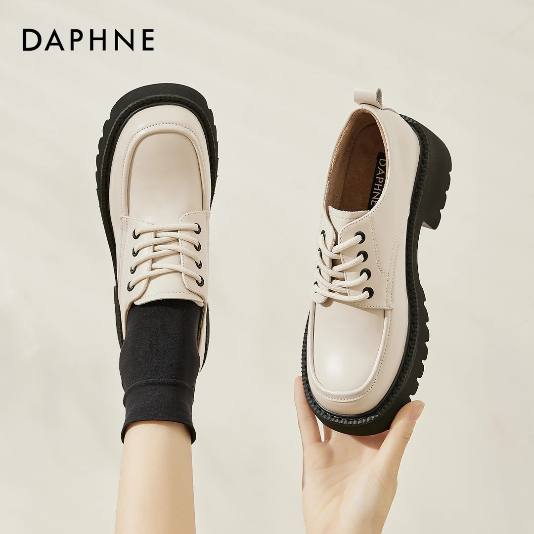 达芙妮圆头小皮鞋女2023新款秋季时尚百搭粗跟厚底英伦风乐福鞋女