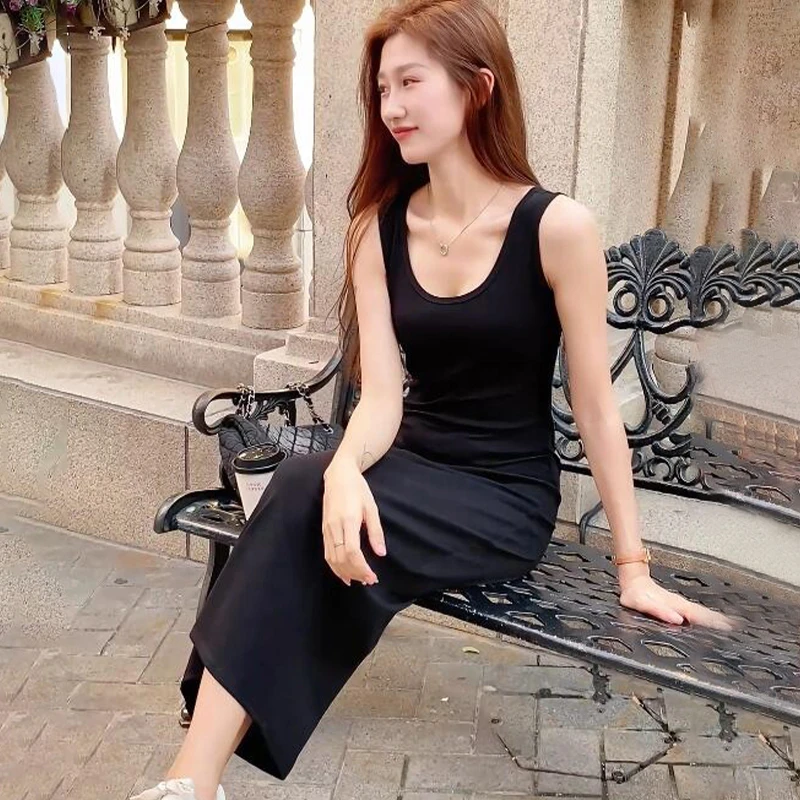 无袖背心连衣裙简约风长款黑色打底长裙宽肩带吊带裙外搭修身裙子