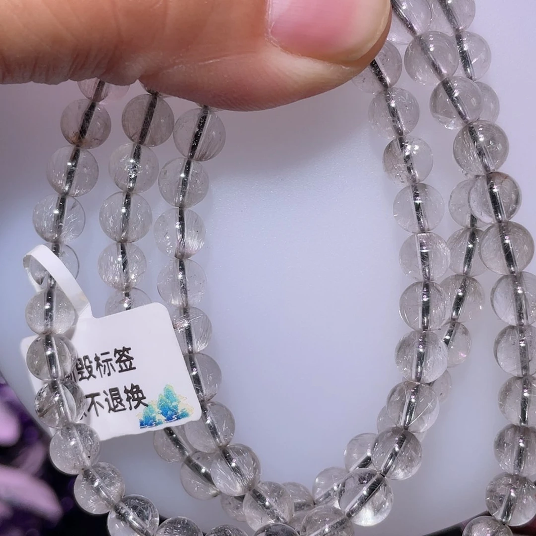 水晶手链未镶嵌黑银钛三圈6mm