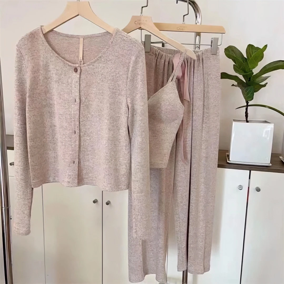 睡衣女磨卡粉系列带胸垫秋季新品显瘦女士睡衣新款春秋家居服套装