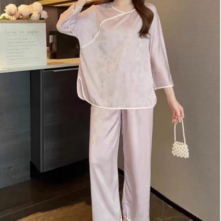 2023年高级感春秋夏季新款冰丝睡衣女薄款新中式国风家居服可外穿