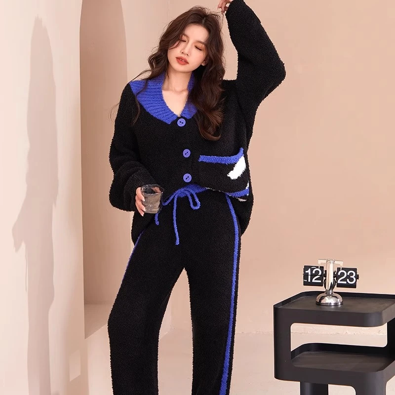 新款加厚保暖睡衣可外穿时尚女士家居服两件套拼色开衫睡衣套装