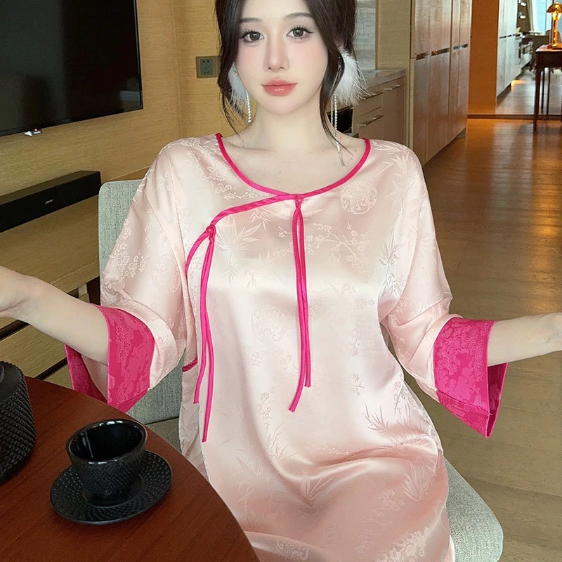 新中式国风提花缎面大码薄款七分袖冰丝睡裙女夏季套头宽松中长款
