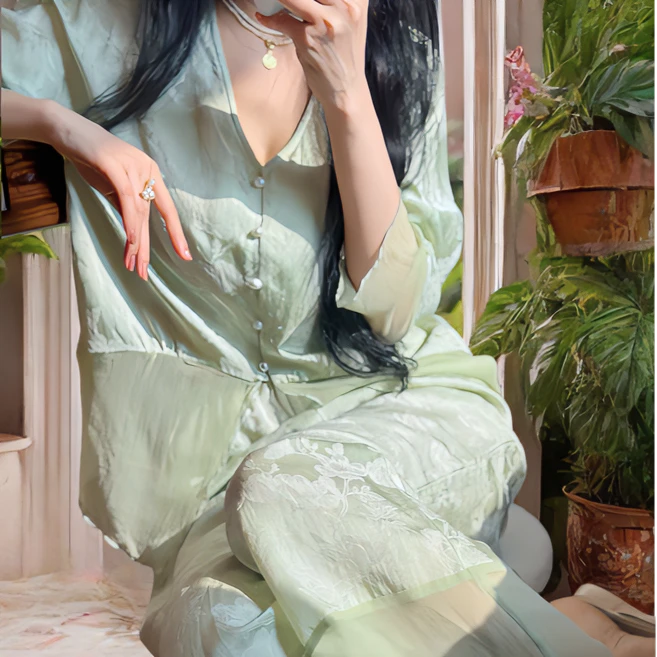 冰雪丝睡衣女春秋款新中式国风轻奢女士套装长袖长袖复古风两件套