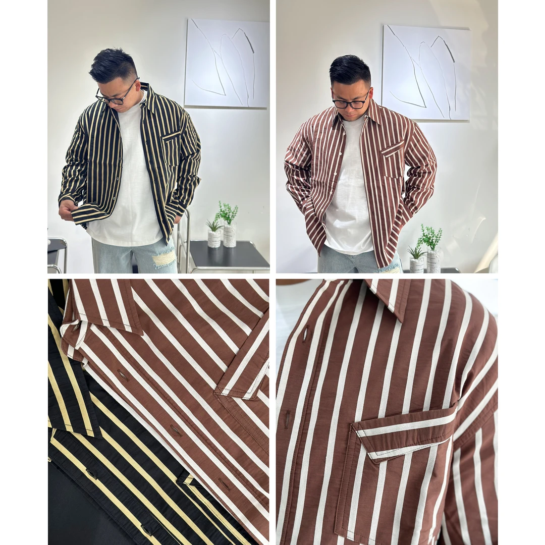 Uncle-条纹口袋衬衫斜式设计长袖衬衫双色提花衬衣休闲宽松潮流