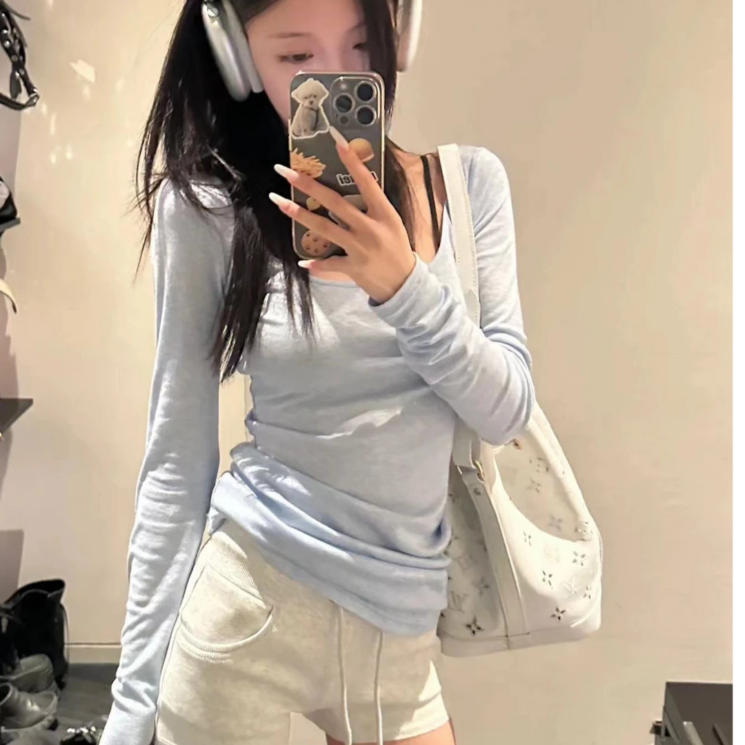 ins设计感纯欲U领女秋冬T恤百搭显瘦收腰修身长袖上衣大码微胖