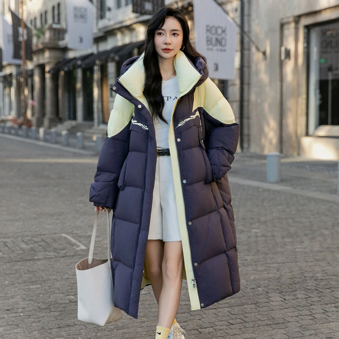 【珊珊专属】羽绒服女长款2025冬季大牌拼色休闲保暖连帽外套25739